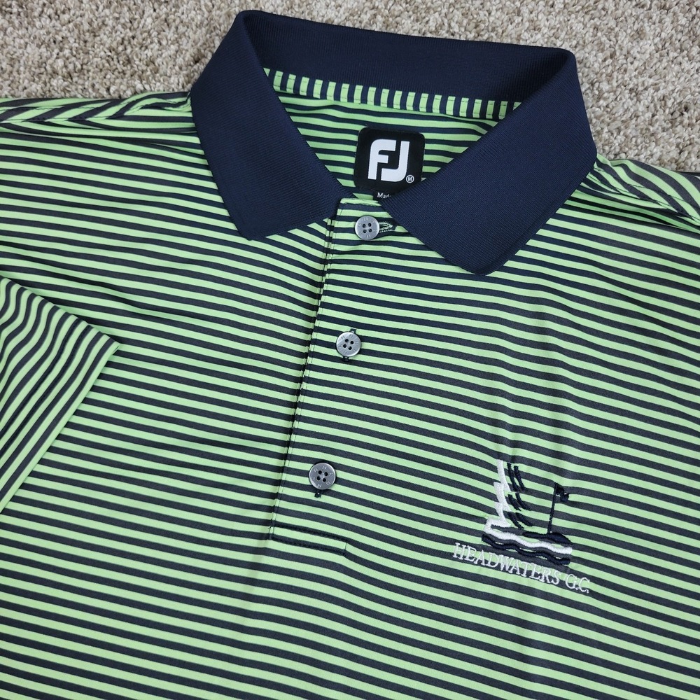 FootJoy Mens Medium Navy Green Striped Performance Stretch Golf Polo SS